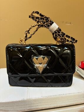 Valentino Orlandi Black Quilted Patent Crossbody with Gold Chain
